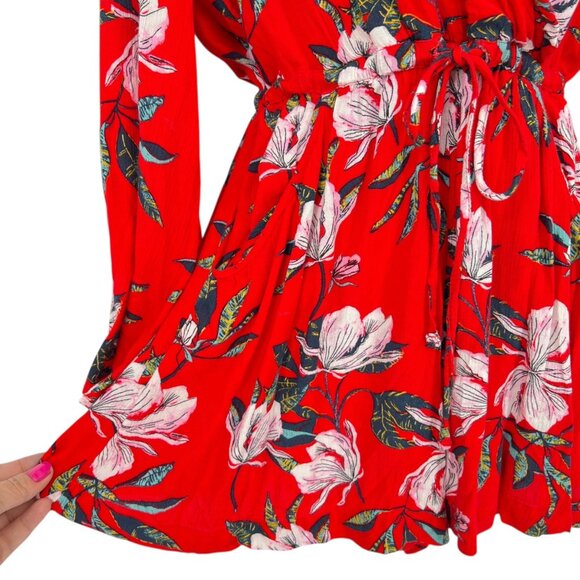 Roxy Red Floral Long-Sleeve V-neck Romper Size Small - Picture 5 of 12